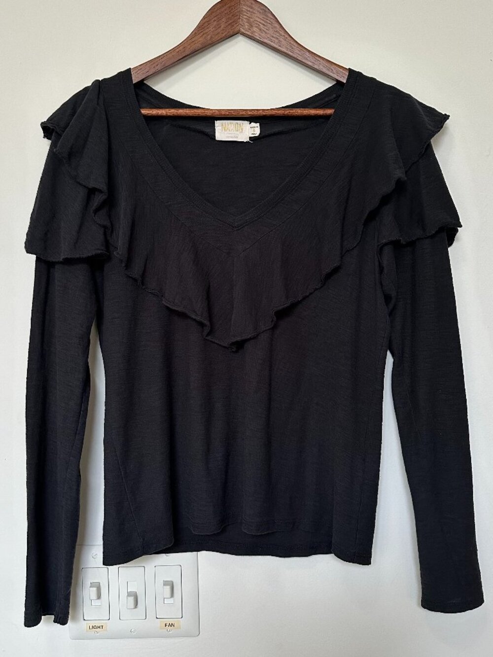 Nation Los Angeles Black 100% Pima Cotton Ruffle Long Sleeve Top 🖤 🖤